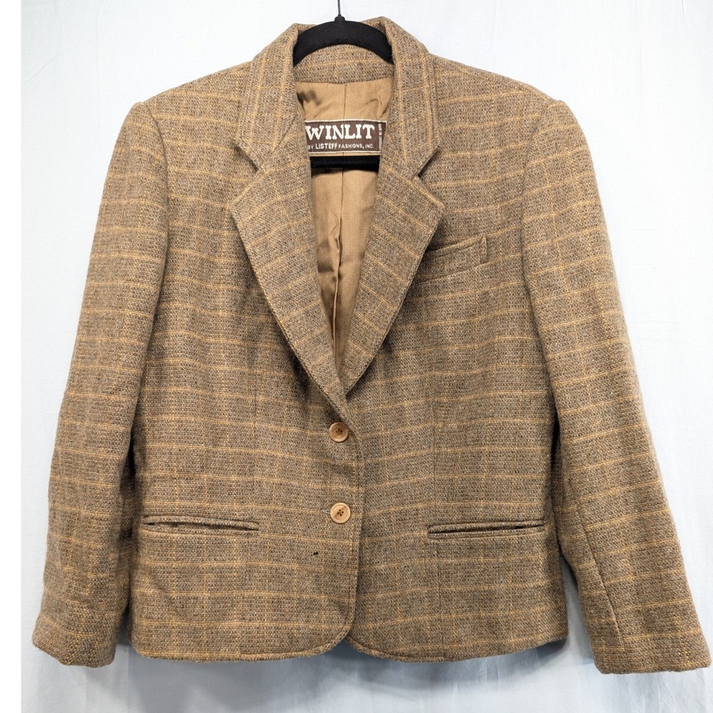 Winlit by Listeff Fashions Classic Plaid Wool Blazer‎ Jacket Brown 2 Button 13